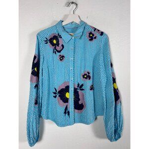 Anthropologie Maeve Womens Floral Striped Button Up Blouse Shirt Top Small Blue